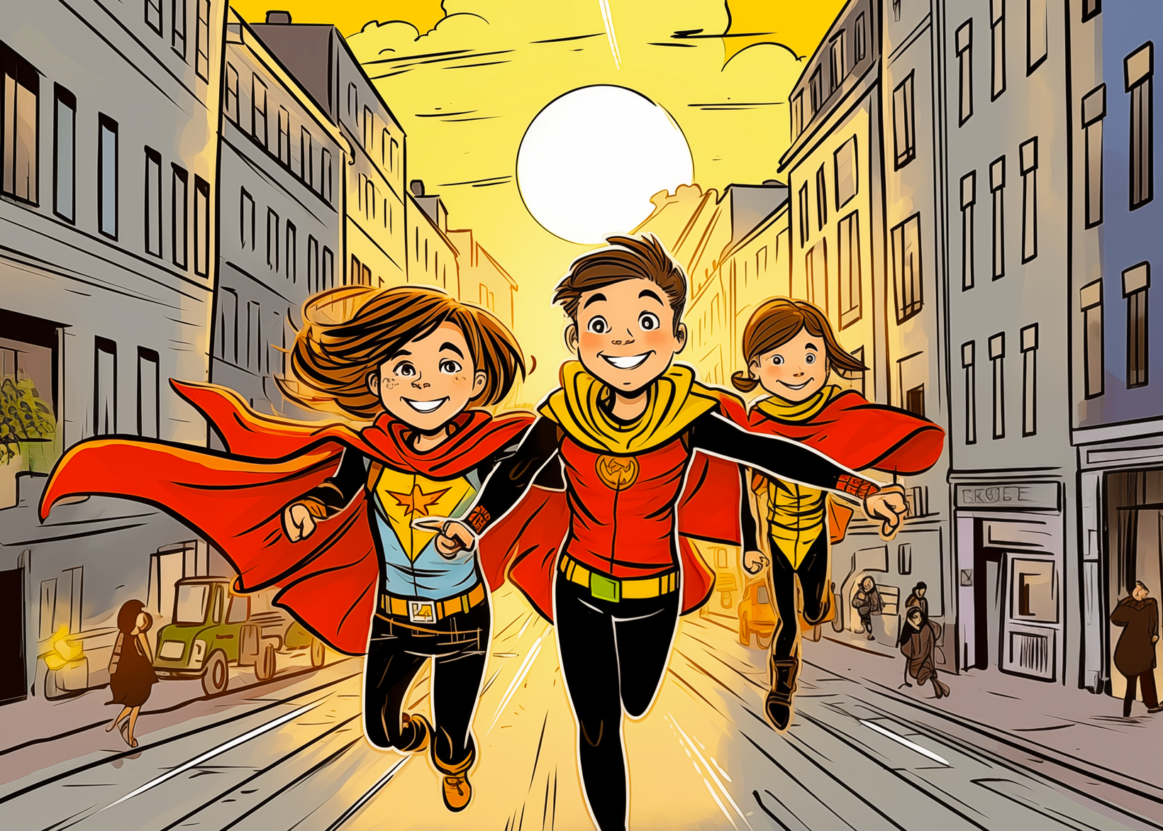 three people in superheroe costumes running through a city